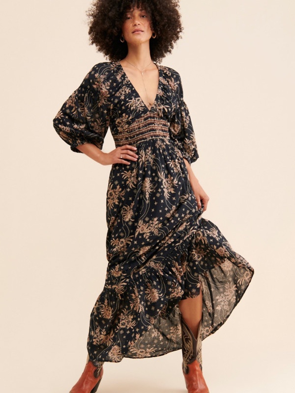 Free People Navy and Beige Floral Maxi Dress